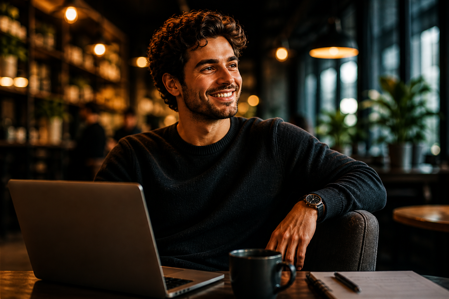 A relaxed person practicing a conversation in a warm café setting