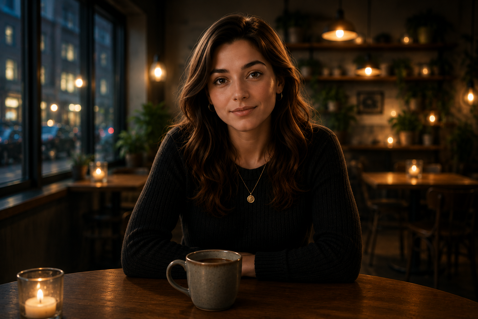 Maya, TalkFlow’s AI conversation partner, seated in a café